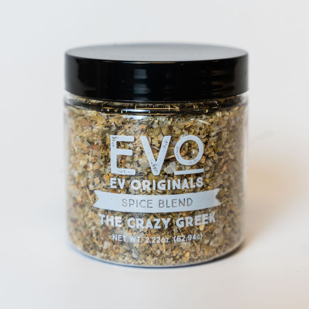 Jar of EVO Originals Spice Blend 'The Crazy Greek' on a white background