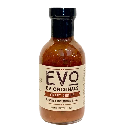 Bottle of EVO Originals Smokey Bourbon Salsa on a white background