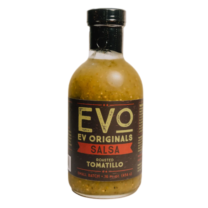 Bottle of EVO Originals Roasted Tomatillo Salsa on a white background