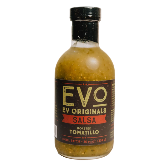 Bottle of EVO Originals Roasted Tomatillo Salsa on a white background