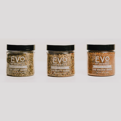 Three jars of Evo Originals seasoning on a white background