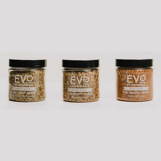 Three jars of Evo Originals seasoning on a white background