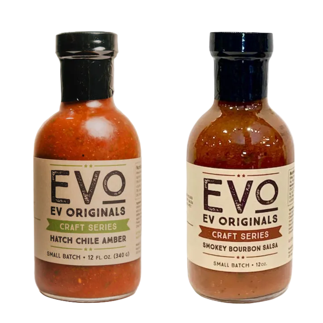 Two bottles of Evo Originals salsa on a white background