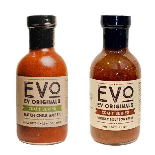 Two bottles of Evo Originals salsa on a white background