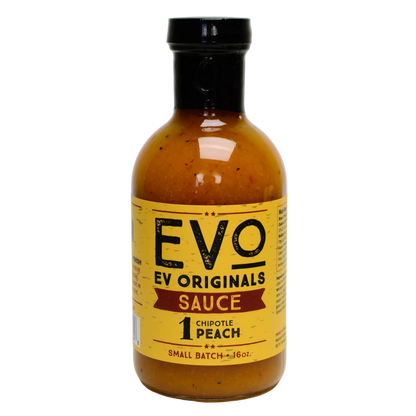 Bottle of EVO Originals Sauce with a yellow label on a white background