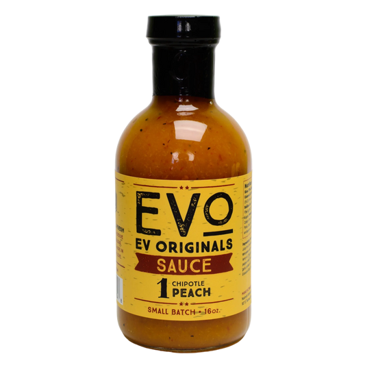 Bottle of EVO Originals Sauce with a yellow label on a white background