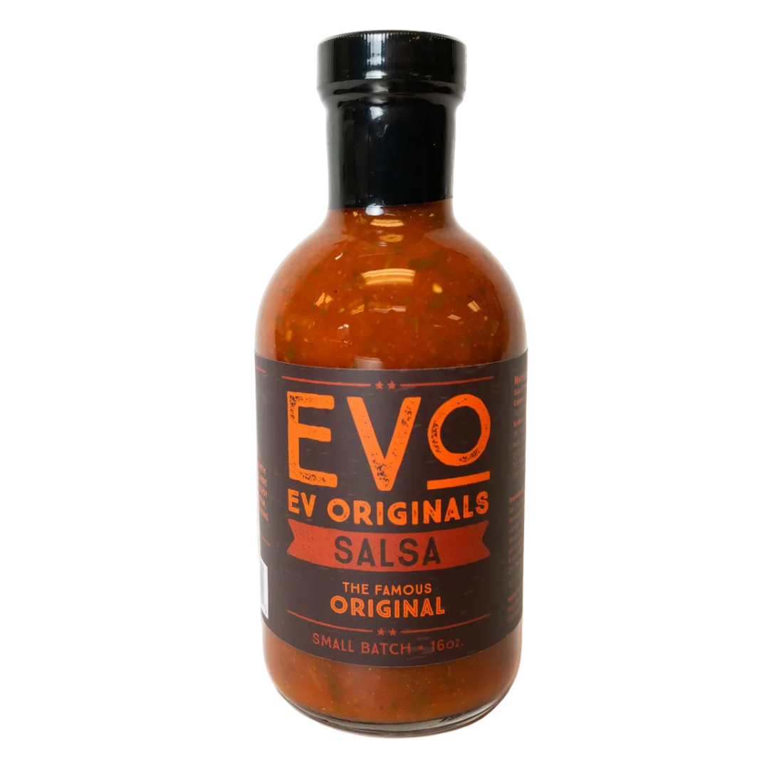 Bottle of Evo Originals Salsa on a white background