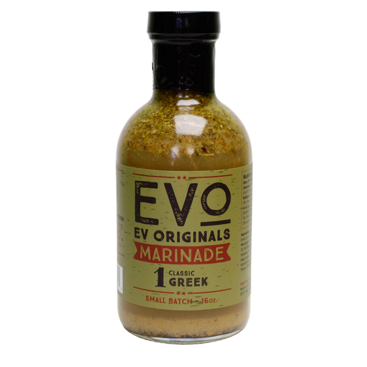 Bottle of EVO Originals Classic Greek Marinade on a white background